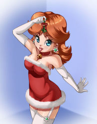 Rule 34 | 1girl, bell, blue eyes, breasts, brown hair, cleavage, earrings, flower earrings, garter straps, gloves, grin, hand up, holiday, jewelry, lipstick, looking at viewer, makeup, mario (series), nintendo, princess daisy, razorkun, shiny skin, skirt, smile, solo, standing, super mario land, thighhighs, tomboy