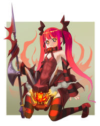Rule 34 | :&lt;, armor, bad anatomy, bad id, bad pixiv id, blush, collar, detached sleeves, fang, fire, flat chest, head wings, horns, kanipanda, kneeling, long hair, original, red hair, smoke, solo, striped clothes, striped thighhighs, thighhighs, twintails, weapon, wings