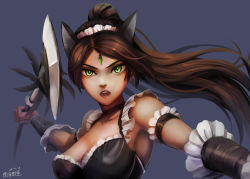 Rule 34 | 1girl, alonsword, alternate costume, animal ears, armpits, breasts, brown hair, cat ears, chan qi (fireworkhouse), cleavage, french maid nidalee, green eyes, highres, holding, holding weapon, league of legends, long hair, maid, maid headdress, nidalee, open mouth, polearm, ponytail, solo, spear, weapon