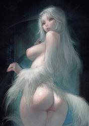 Rule 34 | 1girl, ass, breasts, cowboy shot, dark souls (series), dark souls i, dragon girl, fur, highres, horns, large breasts, lips, long hair, looking at viewer, looking back, monster girl, nat the lich, priscilla the crossbreed, solo, standing, tail, white hair, yellow eyes