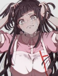 Rule 34 | 1girl, apron, arms up, artist name, bandages, blunt bangs, breasts, crying, danganronpa (series), danganronpa 2: goodbye despair, grey background, hands in hair, highres, kitsunebi v3kokonn, large breasts, long hair, looking at viewer, mole, mole under eye, open mouth, parted lips, pink eyes, pink shirt, puffy short sleeves, puffy sleeves, shirt, short sleeves, simple background, solo, tears, teeth, tsumiki mikan