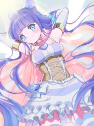 Rule 34 | 1girl, absurdres, armpits, arms behind head, blue eyes, dress, frilled dress, frills, gaogao (gaogaomegu), gloves, gold dress, heart, highres, long hair, looking at viewer, panty &amp; stocking with garterbelt, purple hair, ribbon, smile, solo, stocking (psg), striped clothes, striped dress, striped thighhighs, thighhighs, white dress, white gloves, white ribbon