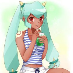 Rule 34 | 1girl, arm tattoo, bare arms, casual, closed mouth, cup, dark-skinned female, dark skin, drinking straw, green hair, jewelry, long hair, looking at viewer, mega man (series), mega man legends (series), navel, red eyes, rimusutera, simple background, smile, solo, striped, tattoo, twintails, yuna (mega man)