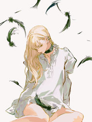 Rule 34 | 1girl, blonde hair, choker, closed mouth, commentary, earrings, english commentary, eyelashes, fang, fang out, feathers, feet out of frame, frilled shirt collar, frills, guideau, hair behind ear, hair over shoulder, half-closed eyes, head tilt, highres, huangdanlan, jewelry, long hair, long sleeves, looking at viewer, majo to yajuu, mixed-language commentary, mouth hold, multiple earrings, no pants, ring removed, shirt, simple background, sitting, sleeve garter, sleeves past fingers, sleeves past wrists, solo, unworn jewelry, white shirt, yellow eyes, yokozuwari