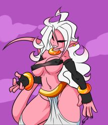 Rule 34 | 1girl, android 21, breasts, colored skin, curvy, dahs, dragon ball, dragon ball fighterz, highres, large breasts, long hair, looking at viewer, majin android 21, nail polish, nipples, pink skin, smile, standing, strapless, tail, tube top, white hair