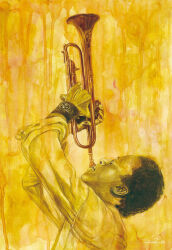 Rule 34 | 1boy, artworksmil, dark-skinned male, dark skin, instrument, music, original, painting (medium), playing instrument, realistic, solo, traditional media, trumpet, watercolor (medium)