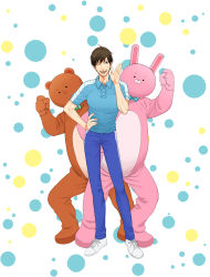Rule 34 | 1boy, ahoge, animal costume, blue pants, blue shirt, bow, bowtie, brown hair, clenched hand, hand on own hip, highres, key visual, official art, omota uramichi, one eye closed, open clothes, pants, promotional art, shirt, shoes, short hair, short sleeves, smile, sneakers, uramichi onii-san, waving arm, white footwear