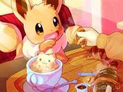 Rule 34 | 1other, absurdres, animal focus, artist name, brown eyes, brown fur, butter, commentary request, creatures (company), croissant, cup, eevee, feeding, food, game freak, gen 1 pokemon, highres, nanahoshi (wadorigi), nintendo, pikachu, plate, pokemon, pokemon (creature), solid oval eyes, spoon, teacup