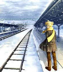 Rule 34 | 1boy, back, blonde hair, blue eyes, brown footwear, coat, full body, hand in pocket, kagamine len, looking to the side, male focus, outdoors, pants, paraiso, profile, railroad tracks, ribbon, scarf, shoes, short hair, sky, snow, snowing, solo, standing, steam, train station, vocaloid