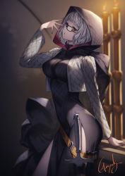 Rule 34 | 1girl, black dress, black eyes, black nails, blurry, blurry background, bob cut, breasts, commentary request, cowboy shot, cropped jacket, dress, fate/grand order, fate (series), fingernails, genyaky, glasses, hand up, highres, hood, hood up, jacket, jacques de molay (foreigner) (fate), large breasts, long sleeves, looking at viewer, nail polish, open clothes, open jacket, parted lips, sheath, sheathed, short hair, sideways glance, solo, sword, weapon, white hair, white jacket