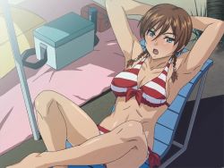 Rule 34 | 00s, 1girl, animated, animated gif, beach, bikini, blush, boin mika, bouncing breasts, braid, breasts, brown hair, green eyes, kuouzumiaiginsusutakeizumonokamimeichoujin mika, large breasts, nipples, resort boin, short twintails, smile, solo, striped bikini, striped clothes, swimsuit, tan, tanline, twintails, undressing
