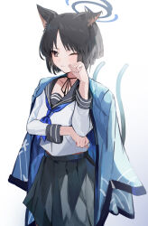 Rule 34 | 1girl, absurdres, animal ears, black eyes, black hair, black sailor collar, black skirt, blue archive, blue neckerchief, blush, cat ears, cat tail, closed mouth, cowboy shot, ggab0621, haori, highres, japanese clothes, kikyou (blue archive), long sleeves, multiple tails, neckerchief, one eye closed, pleated skirt, sailor collar, school uniform, serafuku, short hair, simple background, skirt, solo, tail, two tails, white background