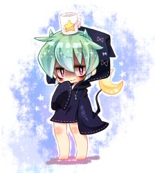 Rule 34 | 10s, 1girl, bad id, bad pixiv id, barefoot, blush, crescent, crescent moon, cup, full body, green hair, moon, mug, nyaco, object on head, short hair, smile, solo, standing, star (symbol), tetsuya (youkai watch), traditional youkai, youkai watch