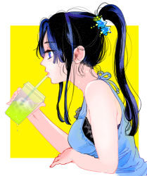 Rule 34 | 1girl, black hair, blue eyes, breasts, drink, drinking straw, gintama, hair ornament, high ponytail, holding, holding drink, ice, ice cube, karin-m, long hair, medium breasts, ponytail, profile, sidelocks, simple background, solo, star (symbol), star hair ornament, tokugawa soyo