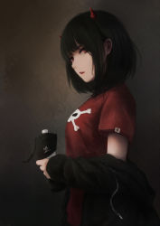Rule 34 | 1girl, artist name, black hair, bottle, clothes down, from side, highres, holding, holding bottle, horns, looking at viewer, looking to the side, medium hair, nose, open mouth, original, red eyes, red lips, red shirt, shimmer, shirt, short sleeves, skull and crossbones, solo, sweat, t-shirt, teeth, upper body