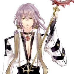 Rule 34 | 1boy, arch bishop (ragnarok online), black coat, black gloves, coat, commentary request, cross, cross necklace, fingerless gloves, gloves, hair between eyes, holding, holding staff, jewelry, long sleeves, looking at viewer, male focus, medium hair, misuguu, multicolored coat, necklace, open clothes, open coat, parted lips, purple hair, ragnarok online, simple background, solo, staff, two-tone coat, upper body, white background, white coat, yellow eyes