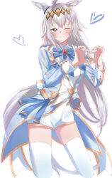 Rule 34 | 1girl, ;), ahoge, animal ears, blue bow, blue jacket, blush, bow, brooch, closed mouth, cropped legs, grey hair, ha (hura76752775), hands up, heart, heart hands, highres, horse ears, horse girl, horse tail, jacket, jewelry, long hair, looking at viewer, multicolored hair, oguri cap (umamusume), one eye closed, shirt, short shorts, shorts, simple background, smile, solo, tail, thighhighs, two-tone hair, umamusume, very long hair, white background, white hair, white shirt, white shorts, white thighhighs