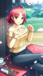 Rule 34 | 1girl, belt, black belt, black pants, blue gemstone, blurry, blurry background, braid, cherry blossoms, closed mouth, crossed legs, dango, day, doukyuusei another world, food, gem, green gemstone, hair ornament, hanami, holding, kakyuusei 2, long sleeves, medium hair, off-shoulder sweater, off shoulder, outdoors, pants, red hair, ribbed sweater, sitting, solo, sweater, tongue, tongue out, wagashi, wakai misaki, yellow eyes, yellow gemstone, yellow sweater