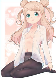Rule 34 | 1girl, :d, absurdres, black pantyhose, blush, border, breasts, collarbone, commentary, double bun, full body, green eyes, hair bun, heart, heart background, highres, kanamori maria, kiratto pri chan, light brown hair, long hair, navel, no bra, open clothes, open mouth, open shirt, panties, panties under pantyhose, pantyhose, pretty series, seiza, sitting, small breasts, smile, solo, toon (noin), underwear, white border