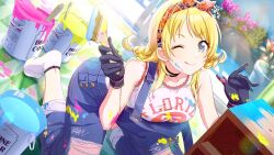 Rule 34 | 1girl, ;d, armpit crease, bare shoulders, black choker, black gloves, blonde hair, blue eyes, blue overalls, braid, breasts, choker, clothes writing, day, denim, dutch angle, flower, game cg, gloves, hachimiya meguru, hairband, holding, holding paintbrush, idolmaster, idolmaster shiny colors, kneeling, lace, lace-trimmed shirt, lace trim, large breasts, light particles, looking at viewer, no shoes, official art, one eye closed, open mouth, orange hairband, orange shirt, outdoors, overalls, paint, paint can, paint splatter, paintbrush, pink flower, shirt, sidelocks, sleeveless, smile, socks, solo, suspenders, suspenders slip, tank top, torn clothes, torn overalls, twin braids, white socks, white tank top