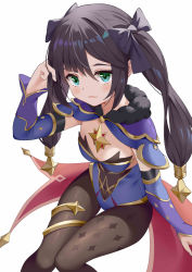 Rule 34 | 1girl, absurdres, arm up, black hair, blue leotard, breasts, brown pantyhose, cape, detached sleeves, genshin impact, gold trim, green eyes, highres, leotard, long hair, long sleeves, looking at viewer, mona (genshin impact), pantyhose, qianqiu wanxia, simple background, small breasts, solo, strapless, strapless leotard, thigh gap, thighlet, twintails, white background