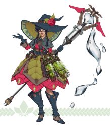 Rule 34 | 1girl, belt, black gloves, black hair, boots, braid, collared shirt, dress, flower, full body, glasses, gloves, hands up, hat, hat belt, hat flower, highres, holding, holding staff, ian su, leaf, liquid, long hair, long sleeves, looking at viewer, multicolored clothes, multicolored dress, original, red flower, shirt, simple background, smile, solo, staff, standing, twin braids, white background, witch hat