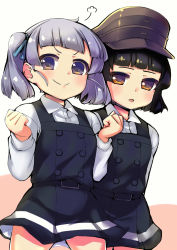 Rule 34 | 2girls, puff of air, arare (kancolle), black dress, black hair, blunt bangs, blush, clenched hands, dress, gigokku, grey hair, hair ribbon, hat, highres, kantai collection, long sleeves, low twintails, multiple girls, ooshio (kancolle), open mouth, pinafore dress, ribbon, shirt, short hair, simple background, sleeveless, sleeveless dress, smile, twintails, two-tone background, white shirt