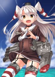 Rule 34 | 10s, 1girl, amatsukaze (kancolle), black panties, cameltoe, day, dress, fang, garter straps, gloves, hair tubes, highres, kantai collection, long hair, looking at viewer, ocean, own hands together, panties, personification, red thighhighs, rensouhou-kun, sailor dress, school uniform, serafuku, shimouki izui, short dress, sky, solo, striped clothes, striped thighhighs, thighhighs, turret, twintails, two side up, underwear, white hair, yellow eyes