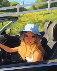 Rule 34 | 1girl, blonde hair, blue eyes, blue hat, camisole, car, commentary, completion time, day, driving, english commentary, field, flower, flower field, hat, highres, lips, long hair, looking at viewer, mismatched eyebrows, motor vehicle, original, parted lips, sam yang, solo, teeth, thick eyebrows, upper teeth only