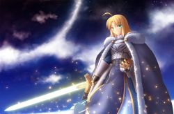 Rule 34 | ahoge, alternate hairstyle, armor, armored dress, artoria pendragon (all), artoria pendragon (fate), blonde hair, cape, crown, excalibur (fate/stay night), fate/grand order, fate/stay night, fate (series), gauntlets, green eyes, highres, saber (fate), shoori (migiha), smile, solo, sword, type-moon, weapon