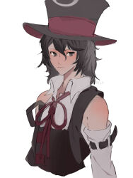 Rule 34 | 1other, arm belt, bare shoulders, belt, black belt, black coat, black hair, black hat, bow, bowtie, closed mouth, coat, collared shirt, commentary request, detached sleeves, enraku tsubakura, expressionless, eye of senri, grey eyes, hat, highres, len&#039;en, long sleeves, looking at viewer, medium hair, other focus, red bow, red bowtie, red hat, shirt, sleeveless, sleeveless coat, sleeveless shirt, solo, top hat, two-sided fabric, two-sided headwear, upper body, white background, white shirt, white sleeves, yoni.