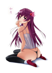 Rule 34 | 10s, 1girl, ass, black legwear, black panties, blush, camisole, character name, finger to mouth, full body, hair ornament, high heels, highres, kantai collection, kaze makase, kisaragi (kancolle), long hair, looking at viewer, panties, purple eyes, purple hair, simple background, sitting, solo, thong, underwear, wariza, white background