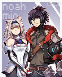 Rule 34 | 1boy, 1girl, alternate costume, amor, animal ears, armor, bare shoulders, black hair, blue eyes, breasts, cat ears, detached sleeves, grey hair, gzei, highres, long hair, looking at viewer, mio (xenoblade), monolith soft, noah (xenoblade), ponytail, short hair, smile, xenoblade chronicles (series), xenoblade chronicles 3, yellow eyes