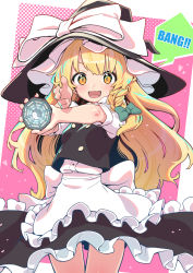 Rule 34 | 1girl, :d, absurdres, apron, black skirt, black vest, blonde hair, blush, bow, box, braid, buttons, commentary, frilled apron, frills, green ribbon, hair bow, hair ribbon, hat, highres, kirisame marisa, long hair, long sleeves, looking at viewer, mini-hakkero, open mouth, puffy short sleeves, puffy sleeves, ribbon, shirt, short sleeves, side braid, silentmonday, single braid, skirt, smile, solo, thighs, touhou, tress ribbon, turtleneck, vest, waist apron, white apron, white bow, white shirt, yellow eyes