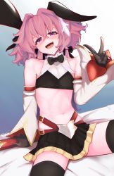 Rule 34 | 1boy, absurdres, animal ears, astolfo (fate), astolfo (saber) (fate), bare shoulders, black bow, black bowtie, black gloves, black ribbon, black thighhighs, blush, bow, bowtie, detached sleeves, doyagao, fake animal ears, fang, fate/grand order, fate (series), gloves, hair bow, hair intakes, hair ribbon, highres, huge filesize, long hair, looking at viewer, low twintails, male focus, midriff, multicolored hair, navel, pectorals, pink hair, purple eyes, rabbit ears, ribbon, skin fang, smile, smug, solo, streaked hair, thighhighs, trap, twintails, v, white hair, wing collar, yoomix