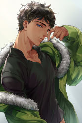 Rule 34 | 1boy, arm at side, bad id, bad pixiv id, black hair, black shirt, blue eyes, changye, collarbone, dark-skinned male, dark skin, dungeon meshi, eyelashes, from side, fur-trimmed jacket, fur trim, green jacket, grey background, half-closed eyes, hand up, jacket, kabru, long sleeves, looking at viewer, male focus, midriff peek, off shoulder, open clothes, open jacket, parted lips, pointing, pointing down, shirt, short hair, sideways glance, sleeves past wrists, smile, solo, v-neck, wavy hair