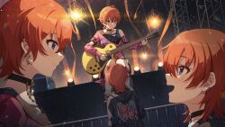 blue_eyes choker earrings english_text game_cg guitar hood hoodie idolmaster idolmaster_million_live! idolmaster_million_live!_theater_days instrument jewelry julia_(idolmaster) official_art railing red_hair sitting stage_lights star_(symbol)