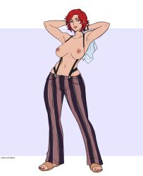 Rule 34 | 1girl, arms up, breasts, gloves, highres, lipstick, makeup, nipples, no bra, no shirt, pants, red eyes, red hair, shirt, snk, suspenders, the king of fighters, torashu-kun, vanessa (kof)