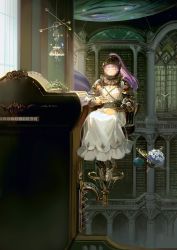 Rule 34 | 1girl, armor, blush, book, bookshelf, breastplate, closed eyes, closed mouth, cup, dress, elevator, english text, floating, flower, fog, greaves, helm, helmet, highres, holding, holding cup, holding plate, indoors, long hair, magic, original, pauldrons, pillar, plant, plate, ponytail, potted plant, purple hair, see-through, shoulder armor, sitting, smile, solo, taro-k, tea, teacup, unfinished, vambraces, white flower, white headdress, window