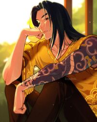Rule 34 | 1boy, aged down, alternate costume, arm tattoo, black hair, brown pants, closed mouth, commentary, day, english commentary, hanzo (overwatch), highres, long hair, male focus, outdoors, overwatch, overwatch 1, pants, renitori1, shirt, solo, tattoo, twitter username, upper body, yellow shirt, young hanzo
