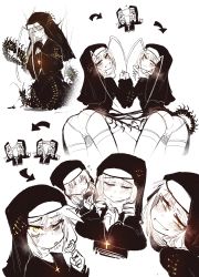 Rule 34 | absurdres, anger vein, antennae, bags under eyes, blush, cameltoe, candy, cross, cross necklace, eating, food, grin, habit, own hands clasped, highres, arthropod girl, jewelry, karasu raven, lollipop, monochrome, monster girl, necklace, nun, original, own hands together, panties, smile, spot color, underwear, yellow eyes