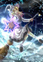 Rule 34 | 1girl, apron, blonde hair, braid, broom, broom riding, daradara1999, female focus, hair ribbon, hat, highres, kirisame marisa, kuga huna, lens flare, long hair, open mouth, outstretched arm, outstretched hand, ribbon, shirt, skirt, skirt set, smile, solo, star (symbol), touhou, vest, waist apron, witch, witch hat, yellow eyes
