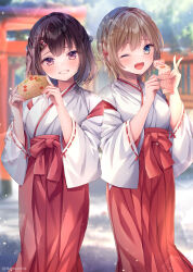 Rule 34 | 2girls, ;d, blue eyes, blurry, blurry background, brown hair, commentary request, day, depth of field, ema, grin, hakama, hakama skirt, hands up, holding, japanese clothes, kimono, long sleeves, looking at viewer, miko, multiple girls, nemuri nemu, omikuji, one eye closed, open mouth, original, outdoors, red eyes, red hakama, ribbon-trimmed sleeves, ribbon trim, skirt, smile, torii, v, white kimono, wide sleeves