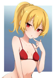 Rule 34 | 1girl, arifureta shokugyou de sekai saikyou, bare arms, bare shoulders, bikini, blonde hair, blue background, blush, breasts, chiji komari, collarbone, commentary request, hair between eyes, hand up, highres, looking at viewer, navel, parted lips, ponytail, red bikini, red eyes, sidelocks, small breasts, solo, swimsuit, two-tone background, upper body, white background, yue (arifureta)