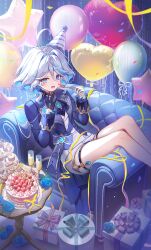 1girl balloon birthday blue_eyes blue_hair cake food furina_(genshin_impact) genshin_impact gift hayun highres hydro_symbol_(genshin_impact) light_blue_hair open_mouth sitting smile solo