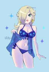 Rule 34 | 1girl, armpit crease, artist name, babydoll, babydoll lift, bare arms, bare shoulders, blonde hair, blue babydoll, blue background, blue eyes, blue panties, breasts, cleavage, collarbone, contrapposto, cropped legs, earrings, eyelashes, hair over one eye, hand up, highres, jewelry, lace, lace-trimmed panties, lace trim, large breasts, lingerie, lips, long hair, looking at viewer, mario (series), navel, nintendo, open mouth, panties, print babydoll, protected link, rosalina, see-through, side-tie panties, simple background, snowflake print, solo, sparkle, star (symbol), star earrings, stomach, super mario galaxy, thighs, translation request, twitter username, underwear