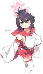 Rule 34 | 1girl, absurdres, ahoge, animal ears, black hair, blue archive, breasts, detached sleeves, feet out of frame, flower, hair between eyes, hair bun, halo, highres, japanese clothes, kaede (blue archive), kandori, large breasts, long sleeves, looking at viewer, pleated skirt, pout, red sailor collar, red skirt, sailor collar, short hair, simple background, single hair bun, skirt, sleeveless, solo, thighhighs, white background, white thighhighs, yellow eyes