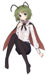 Rule 34 | 1girl, 3:, adapted costume, alternate legwear, antennae, arm at side, black pantyhose, blush, bob cut, buttons, cape, clenched hand, closed mouth, collared shirt, denim, denim shorts, dot nose, frilled shirt collar, frills, full body, green eyes, green hair, hair intakes, hand up, head tilt, highres, knees together feet apart, knees up, legs, long sleeves, looking at viewer, no shoes, pantyhose, red cape, shirt, shirt tucked in, shone, short hair, shorts, shy, simple background, sitting, solo, split mouth, swept bangs, thick eyelashes, touhou, two-sided cape, two-sided fabric, white background, white shirt, wing collar, wriggle nightbug