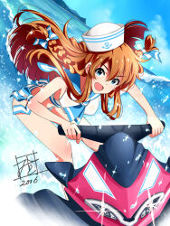Rule 34 | 1girl, bare shoulders, bikini, blue eyes, blue neckerchief, blue ribbon, blue sailor collar, blue sky, blush, bow, braid, breasts, brown hair, cloud, day, dixie cup hat, dot nose, floating hair, hair bow, hair ribbon, hat, horizon, idolmaster, idolmaster million live!, idolmaster million live! theater days, kousaka umi, leaning forward, long hair, looking at viewer, medium breasts, military hat, mistrail, neckerchief, ocean, open mouth, outdoors, ribbon, riding, sailor collar, sailor collar lift, sailor swimsuit (idolmaster), side-tie bikini bottom, signature, sky, smile, solo, splashing, striped ribbon, swimsuit, twin braids, v-shaped eyebrows, water bike, watercraft, waves, white bikini, white hat