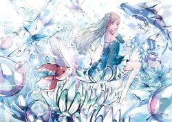 Rule 34 | 1girl, absurdres, armlet, bird, blonde hair, blue dress, bubble, detached sleeves, dolphin, dress, earrings, eri kamijo, fish, floating hair, from side, hair ornament, highres, jewelry, long hair, long sleeves, looking at viewer, looking to the side, original, parted lips, sitting, skirt, socks, solo, white skirt, white socks